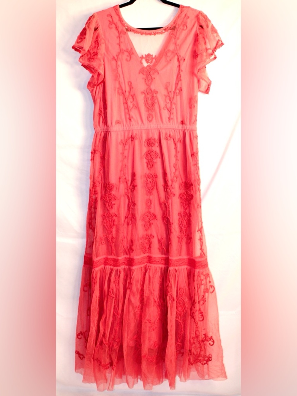 Sundance Mayfield Coral Embroidered Tule Sheer Maxi Dress